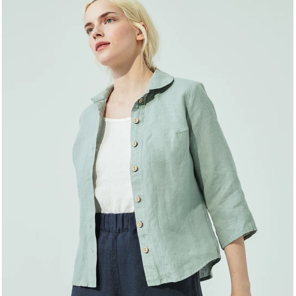 NPL linen Lille button down shirt Peter Pan collar Succulent green